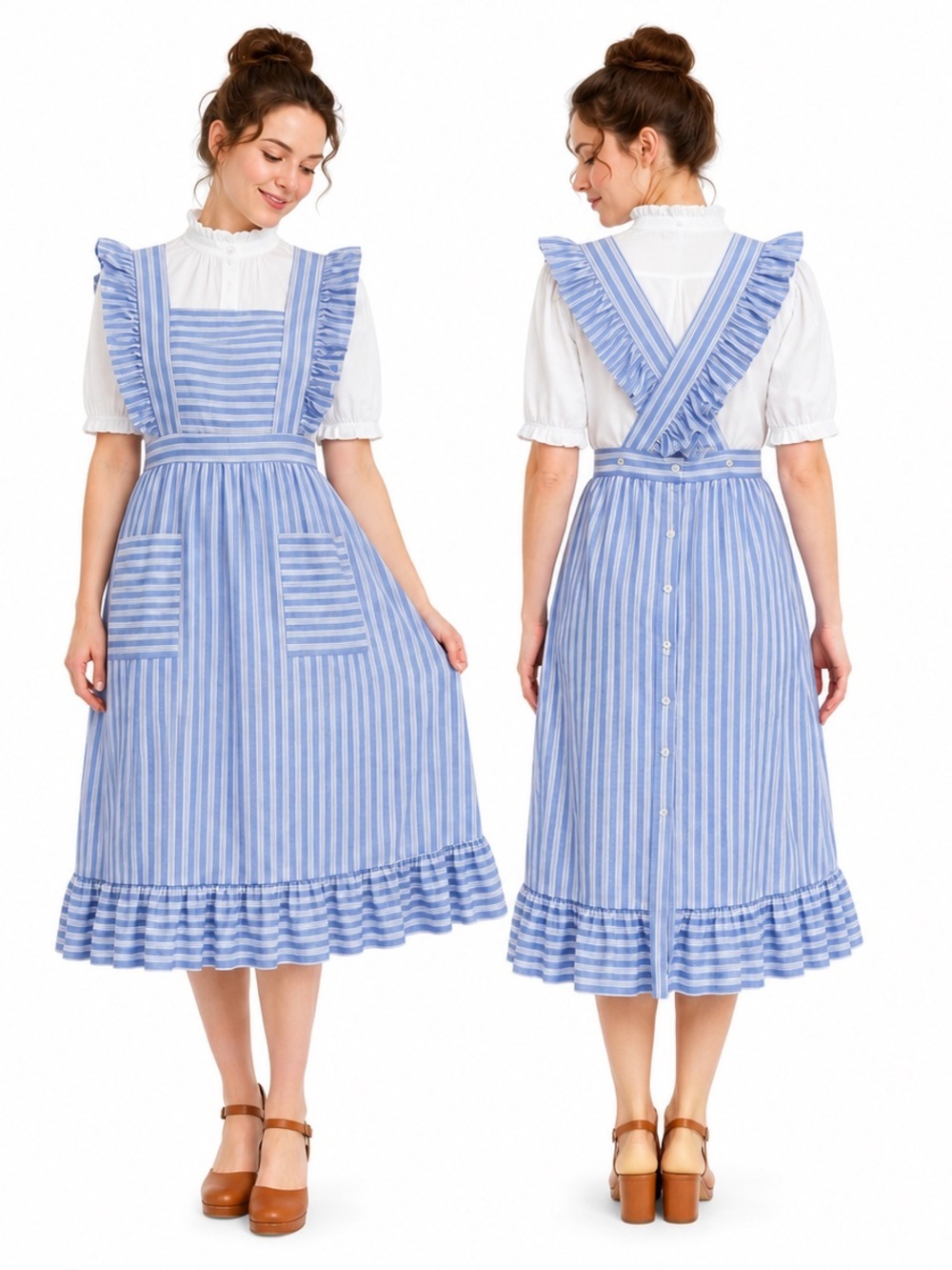 Vintage Swedish Ekelund & Esspé Blue Stripe Pinafore Apron Dress 38-40 Small 4-6